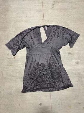 Y2K Joy Gray Paisley Print Smocked Waist Boho Tunic Top